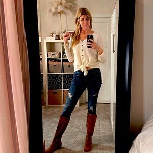 Winter White Waffle Long Sleeve Tie button down shirt